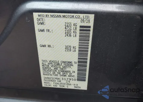 2019 Nissan Leaf Sv Plus z USA, uszkodzony, nr VIN 1N4BZ1CP6KC317950